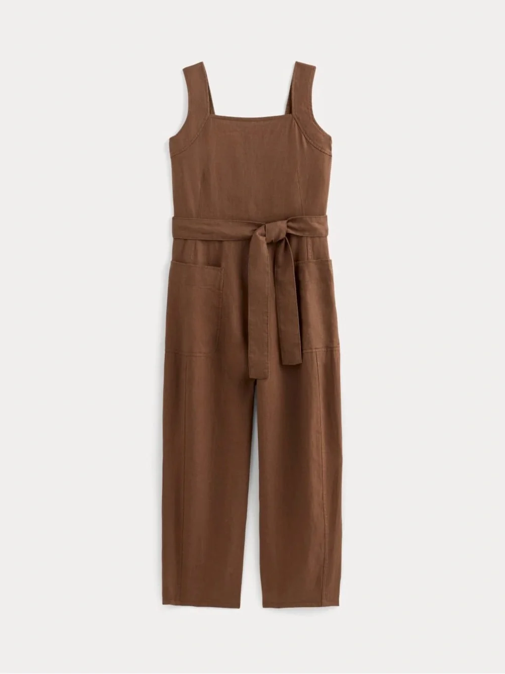Brown Linen Blend Sleeveless Jumpsuit with Tie Waist UTILITY COVERALL